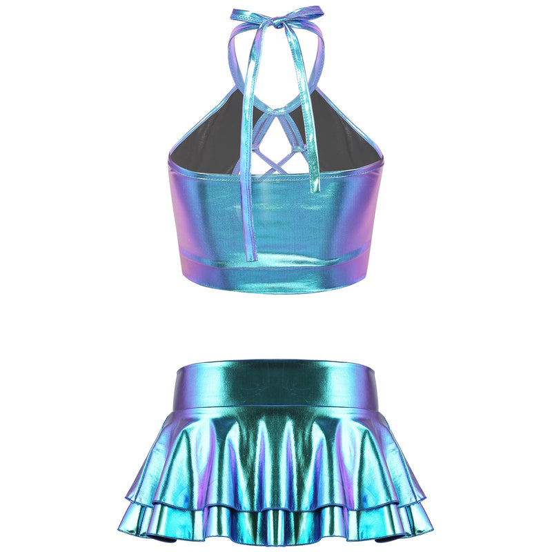 Holographic Women Pole Dance Clothing Shiny Metallic Rave Festival Outfit, Halter Crop Top Bra Vest With Faux Leather Fantasy Mini Skirt Set - kayzers