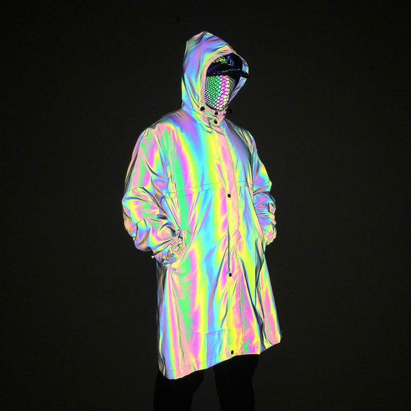 Reflective Holographic Long Unisex Trench Coat, Reflective Holographic Raincoat - kayzers