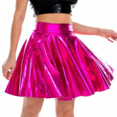 Summer Sexy Laser High Waist Mini PU Leather Skirt,  Club Party Dance Shiny Holographic Skirts, Harajuku Metallic Pleated Skirts - kayzers