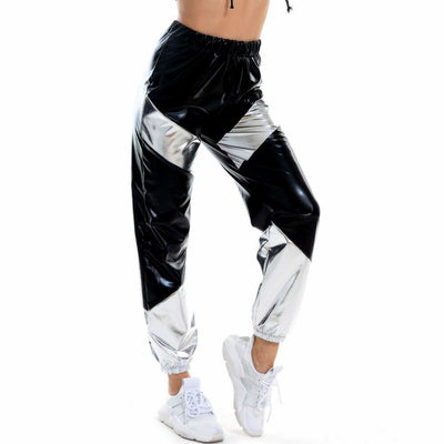 Women Reflective Long Pants with Pockets, High Waist Loose Holographic Patchwork Trousers, Festival Club Dance Jogger Pants Clubwear - kayzers