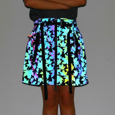 Glowing Reflective Maple Leaves Zipper Belted Cargo Tactical Skirt, Glowing Femme Jupes - kayzers