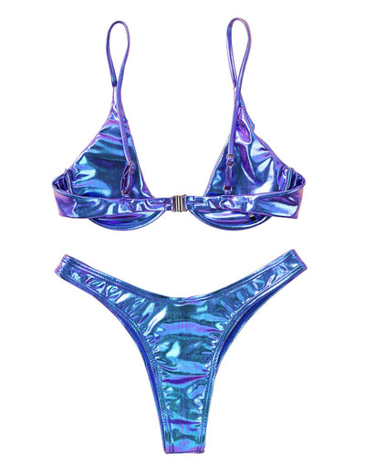 Iridescence Women Wetlook Holographic Bikini Swimsuit, Sexy Padded Bra Top with High Cut Briefs Shiny Metallic Lingerie Set Summer Beachwear - kayzers