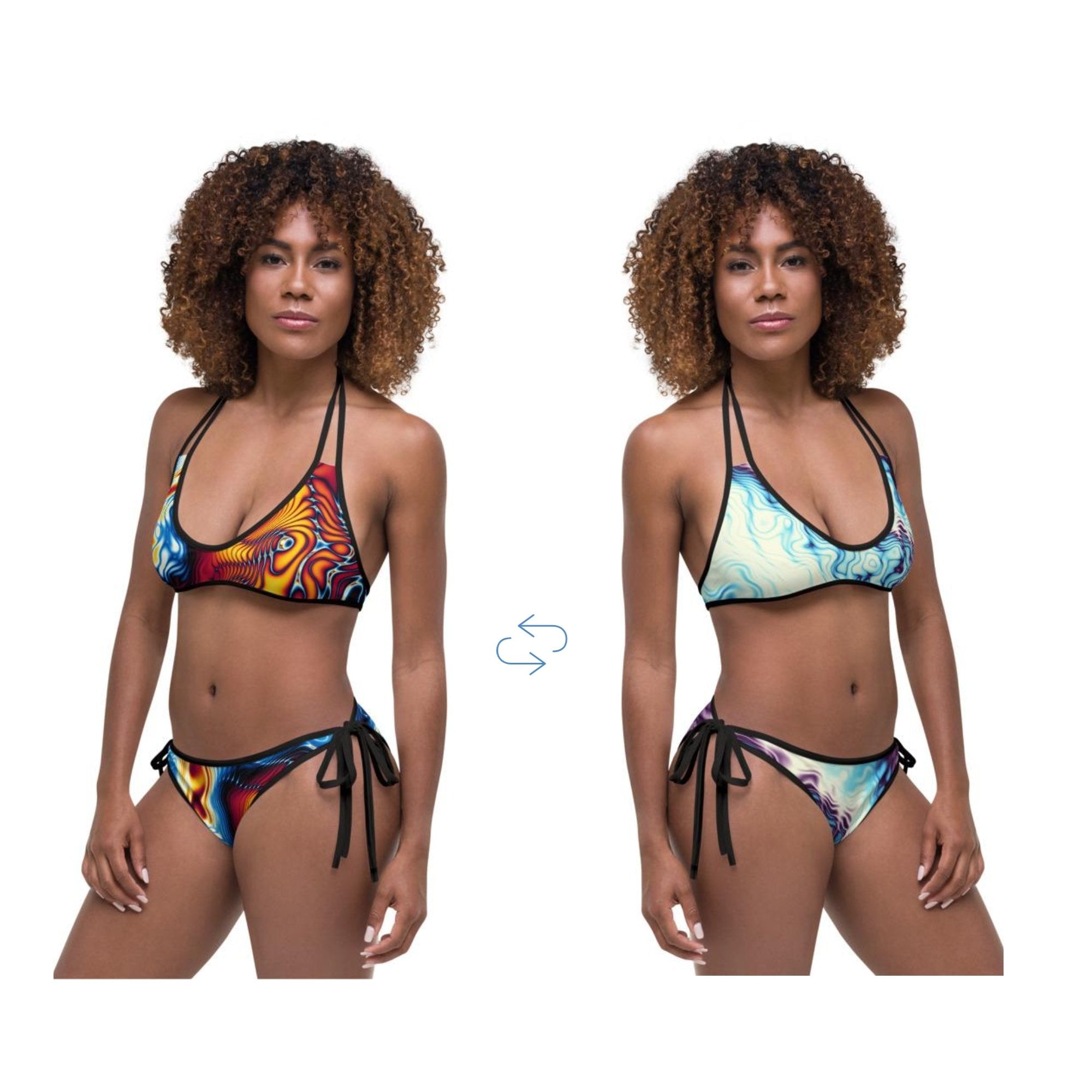 Abstract Marble Print Colorful Psychedelic Beach Style Reversible Bikini Set, Two Piece Reversible Bikini Set - kayzers