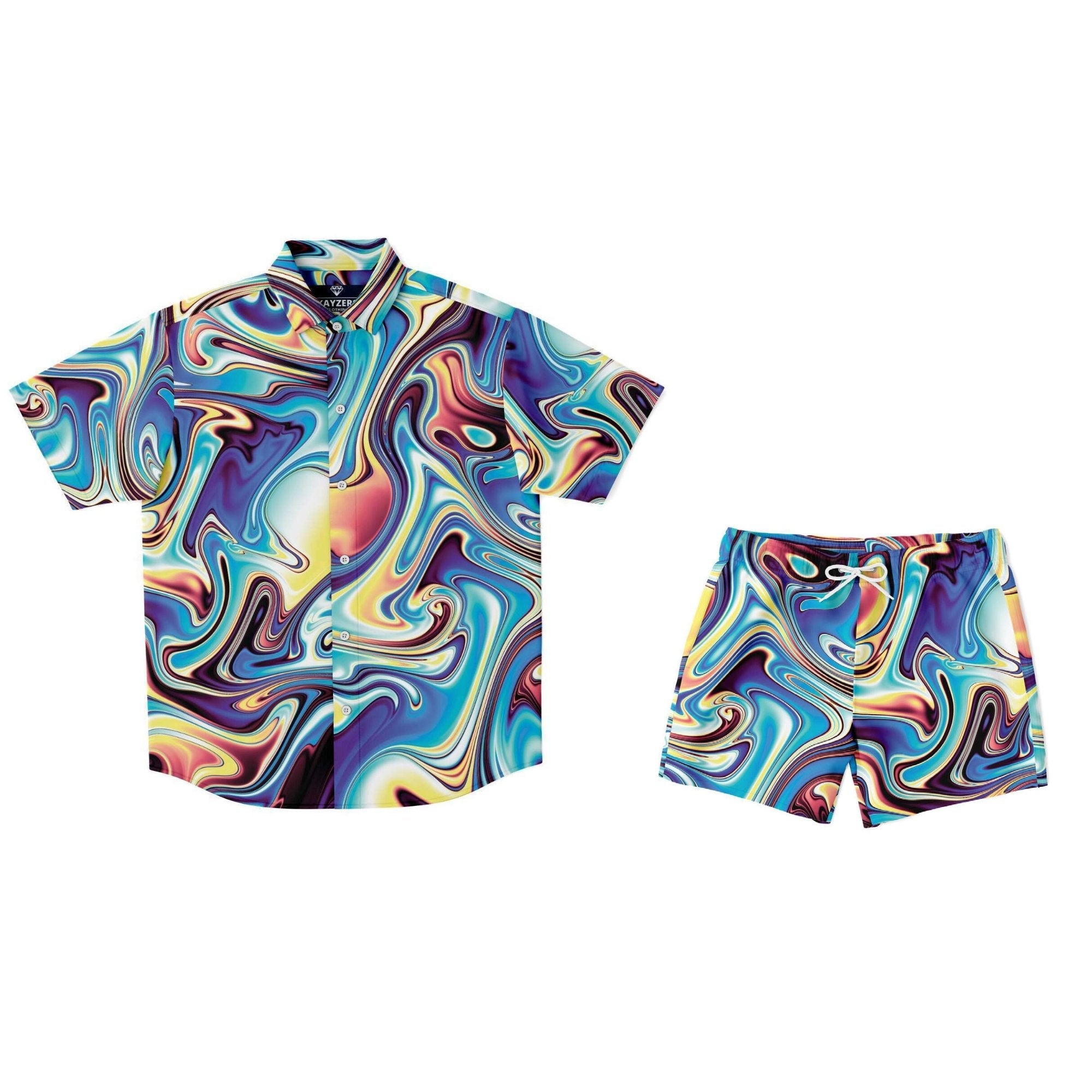Abstract Liquid Paint Swirls Psychedelic Festival Edm Rave Lsd Dmt Men's Matching Shirt And Shorts Set, Matching Beach Hawaiian Sets - kayzers