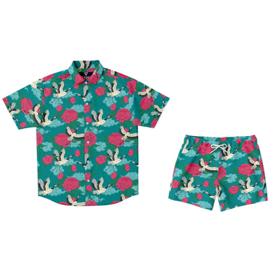 Teal Tropical Cranes Chrysanthemum Flower Floral Matching Shirt And Shorts Set, Matching Beach Hawaiian Sets - kayzers