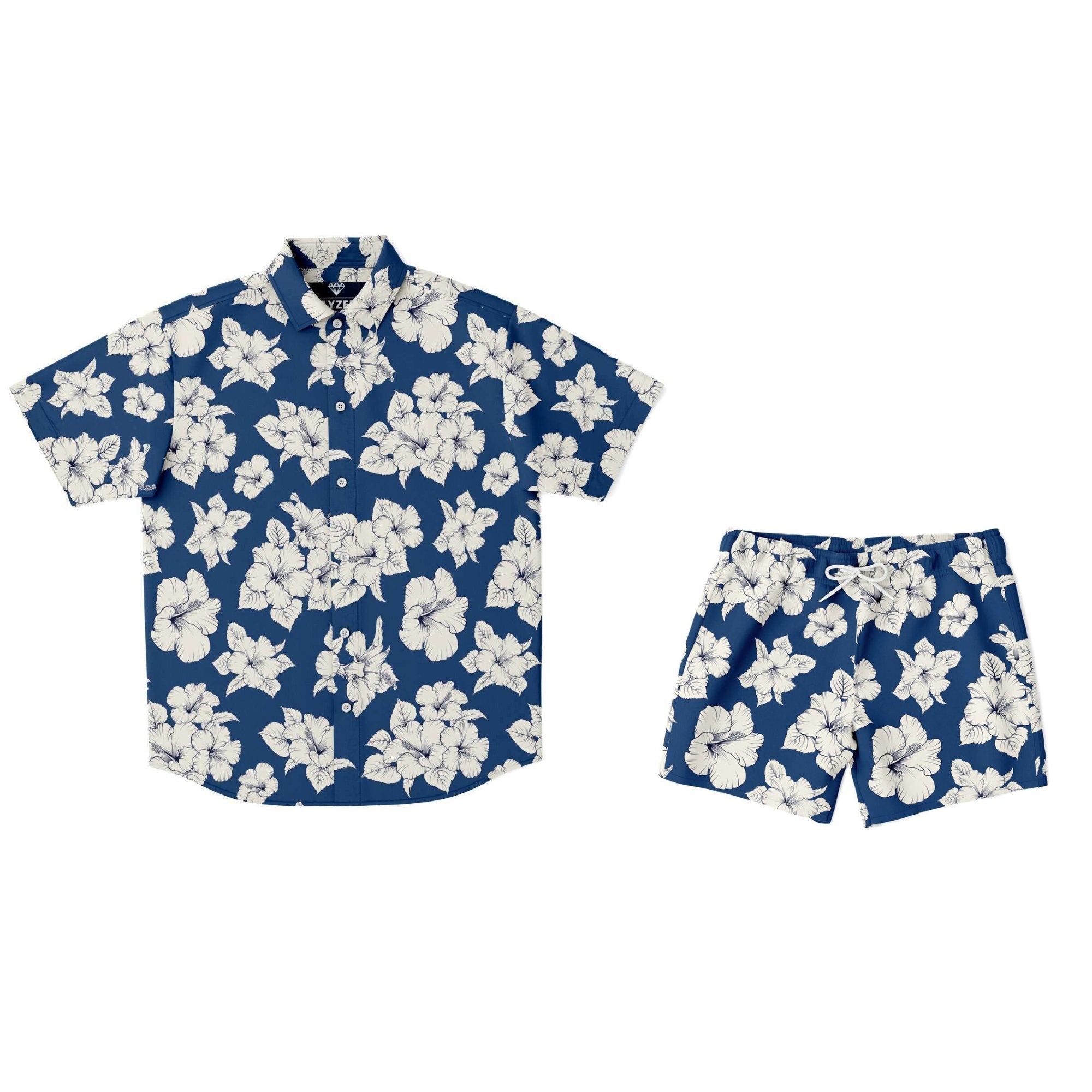 White Hibiscus Flowers Print Floral Tropical Shirt Matching Shirt And Shorts Set, Matching Beach Hawaiian Sets - kayzers