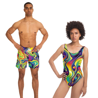 Tropical Matching Women's Swimsuit and Men's Swim Trunks Set, Matching Swimming Sets, Matching Beach Set, Swimsuit And Shorts Sets - kayzers