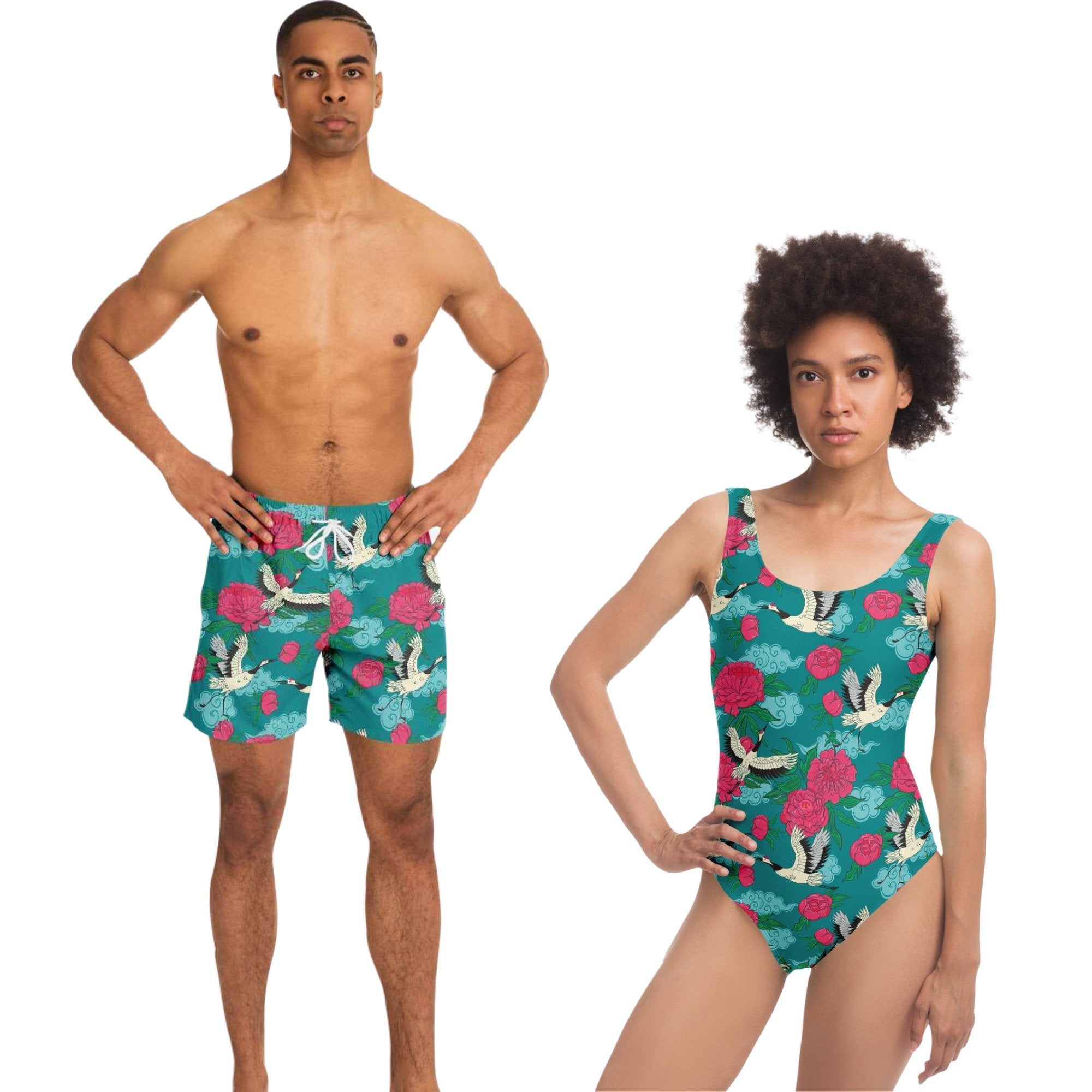 Tropical Matching Women's Swimsuit and Men's Swim Trunks Set, Matching Swimming Sets, Matching Beach Set, Swimsuit And Shorts Sets - kayzers