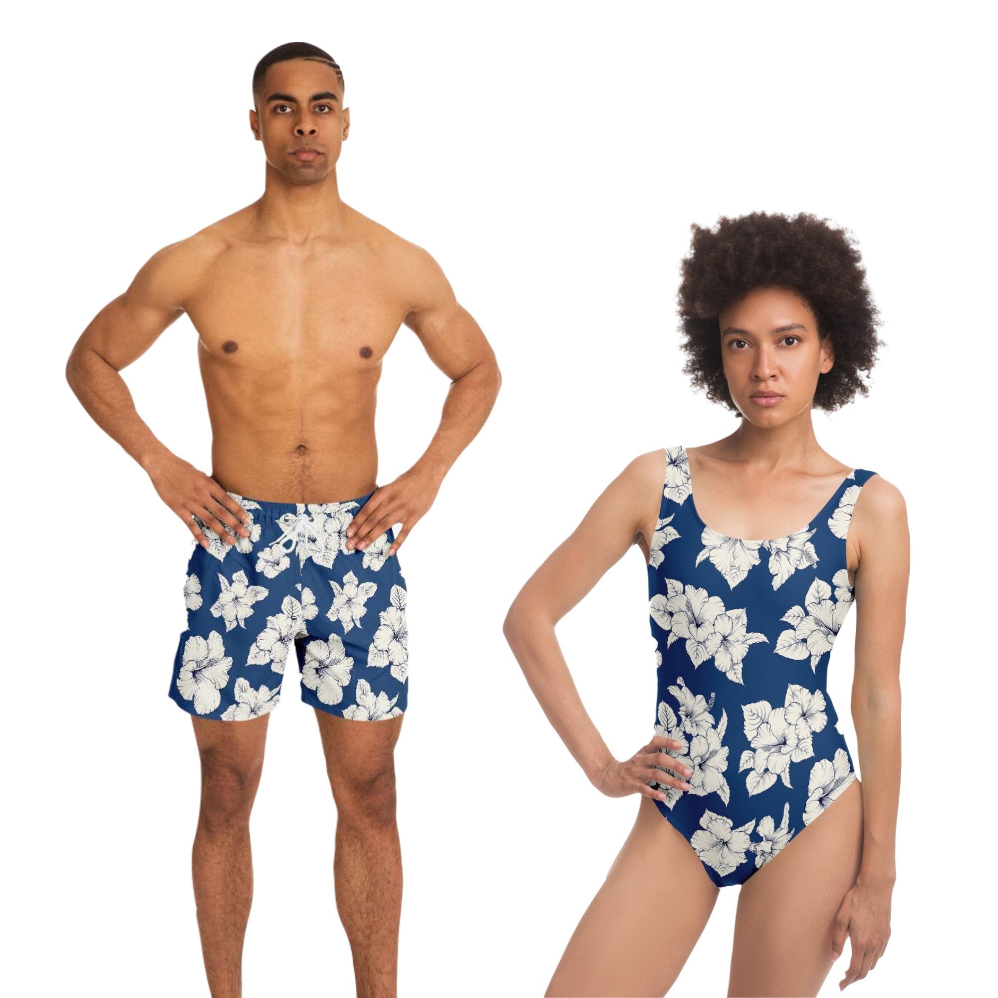 White Hibiscus Flowers Matching Women's Swimsuit and Men's Swim