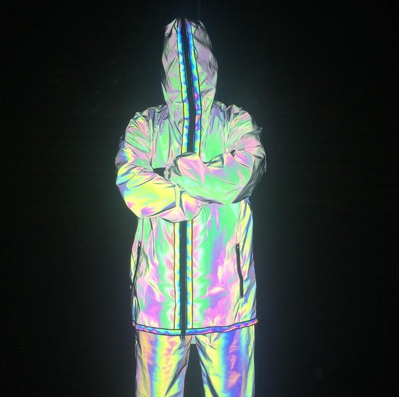 Rainbow Reflective Hooded Jacket, Men's Dancing Running High Visibility Zipper Noctilucent Coats, Men Hip Hop Fluorescent Clothing - kayzers