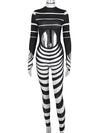 Sexy Cut Out Zip Skinny Jumpsuits Women, Long Sleeve Stripe Print One Piece Rompers - kayzers
