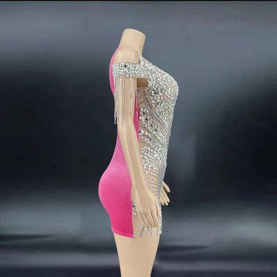 Sparkly Crystal Rhinestones Fringes Transparent Short Velvet Party Dress - kayzers