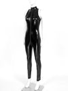 Womens Black Zipper Patent Leather Catsuit, Black Mock Neck Sleeveless Sexy Bodysuit Skinny Jumpsuit Club Costume - kayzers