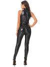 Womens Black Zipper Patent Leather Catsuit, Black Mock Neck Sleeveless Sexy Bodysuit Skinny Jumpsuit Club Costume - kayzers