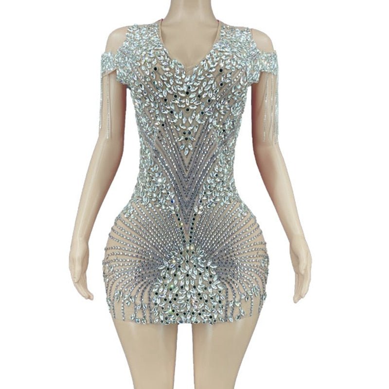 Sparkly Crystal Rhinestones Fringes Transparent Short Velvet Party Dress - kayzers