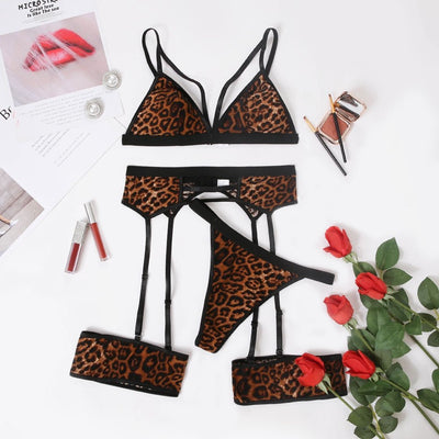Leopard Print 3 Piece Set Sexy Bra And Brief WIth Garters Sets, Erotic Lingerie sets, Animal Print Lingerie set - kayzers