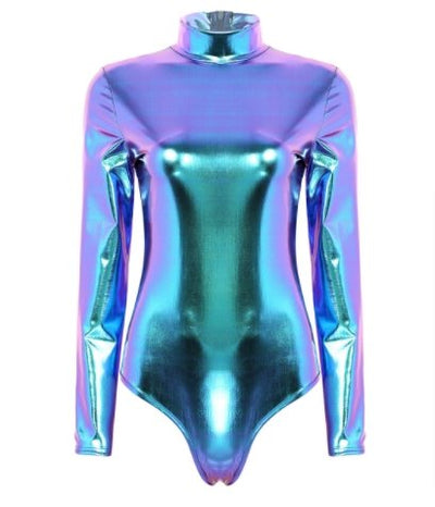 Sexy Holographic Iridescence Women Bodysuit, Shiny Metallic Long Sleeve Festival Rave Performance Pole Dance Costume Catsuit - kayzers