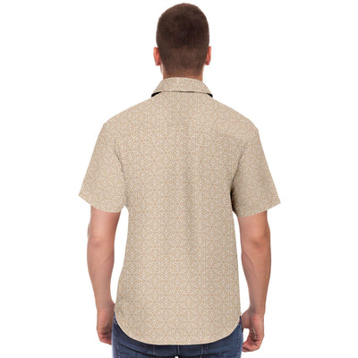 Beige Geometric Star Flower Print Men's Short Sleeve Button Down Shirt - kayzers