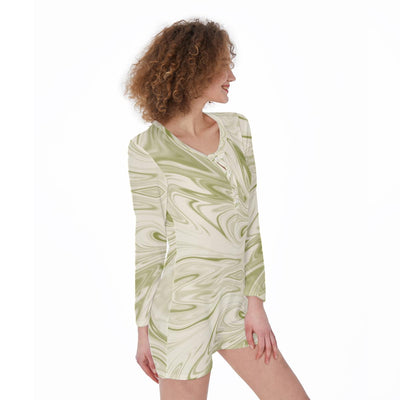 Ivory Color Women's Pajamas Nightgown, Ivory Green Liquid Waves Abstract Pajamas Loungewear