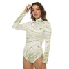 Ivory Color Women's Stretchy Turtleneck Long Sleeve Bodysuit, Abstract Ivory Green Liquid Bodysuit