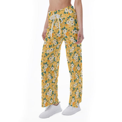 Yellow Floral Print Women's High-waisted Straight-leg Trousers