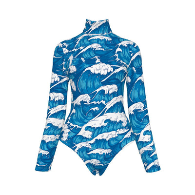 Ocean Kanagawa Waves Beach Print Women's Turtleneck Long Sleeve Bodysuit