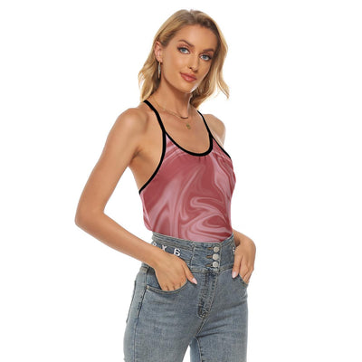 Pink Wine Red Print Women's Criss-Cross Open Back Tank Top, Abstract Liquid Waves Marble Tank Top