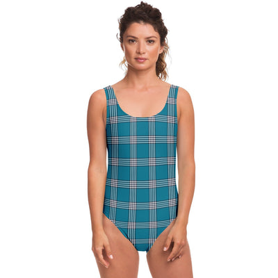 Teal Black Check Plaid Pattern Women's One piece Swimsuit - kayzers