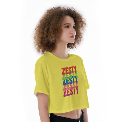 Lemon Yellow Zesty Print Cropped T-Shirt, Lemony Yellow Crop Top