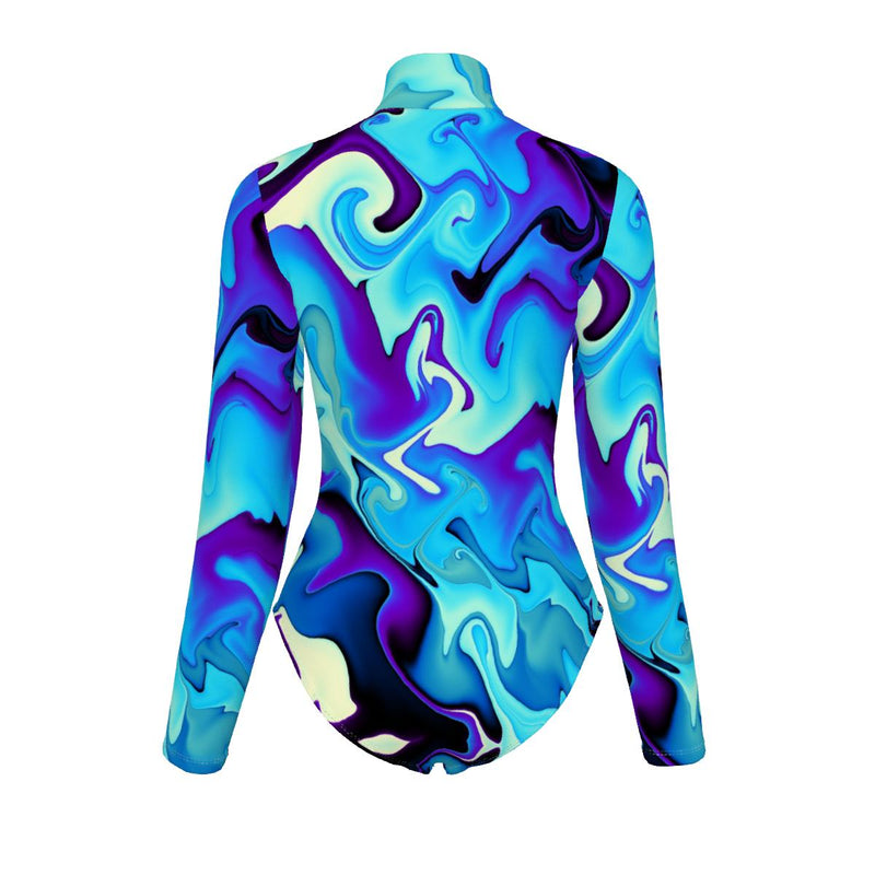 Marine Blue Liquid Abstract Print Women's Turtleneck Long Sleeve Bodysuit