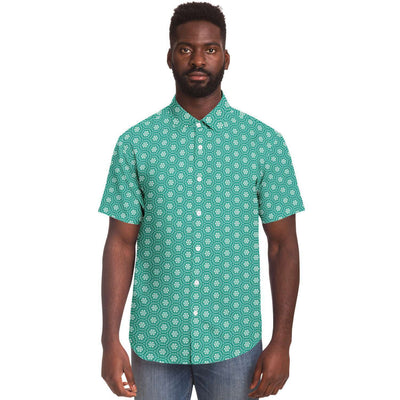 Seafoam Green Floral Geometry Print Men's Short Sleeve Button Down Shirt - kayzers