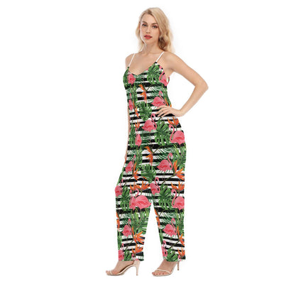 Flamingo Floral Beach Palm Leaves Tropical Zebra Stripes Print Women's Loose Cami Jumpsuit