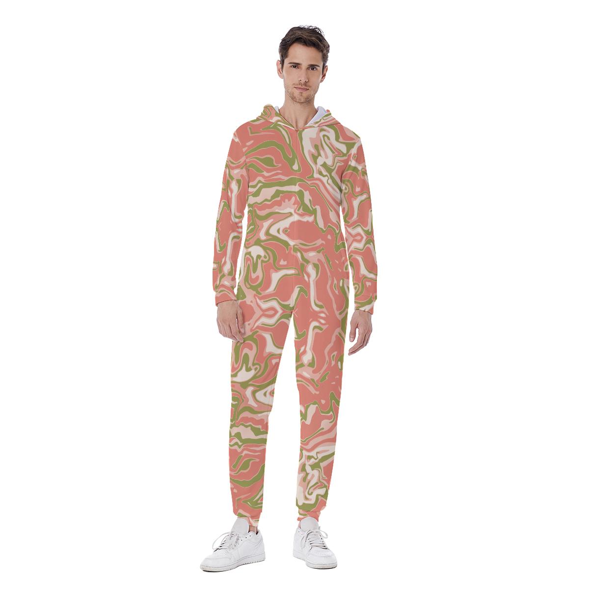 Coral Pink Camo Camouflage Style Print Men's Hooded Jumpsuit, Urban Camo Liquid Men's Jumpsuit