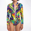 Abstract Liquid Psychedelic Print Swirl Waves Festival Rave Dmt Lsd Long Sleeve Bodysuit With Zipper - kayzers