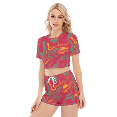 Red Smoke Liquid Abstract Sunset Paint Yellow Ombre Print Women's O-neck T-shirt Shorts Suit