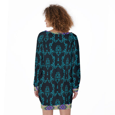 Blue Green Floral Geometric Decorative Ornament Abstract Women's Lace-Up Sweatshirt
