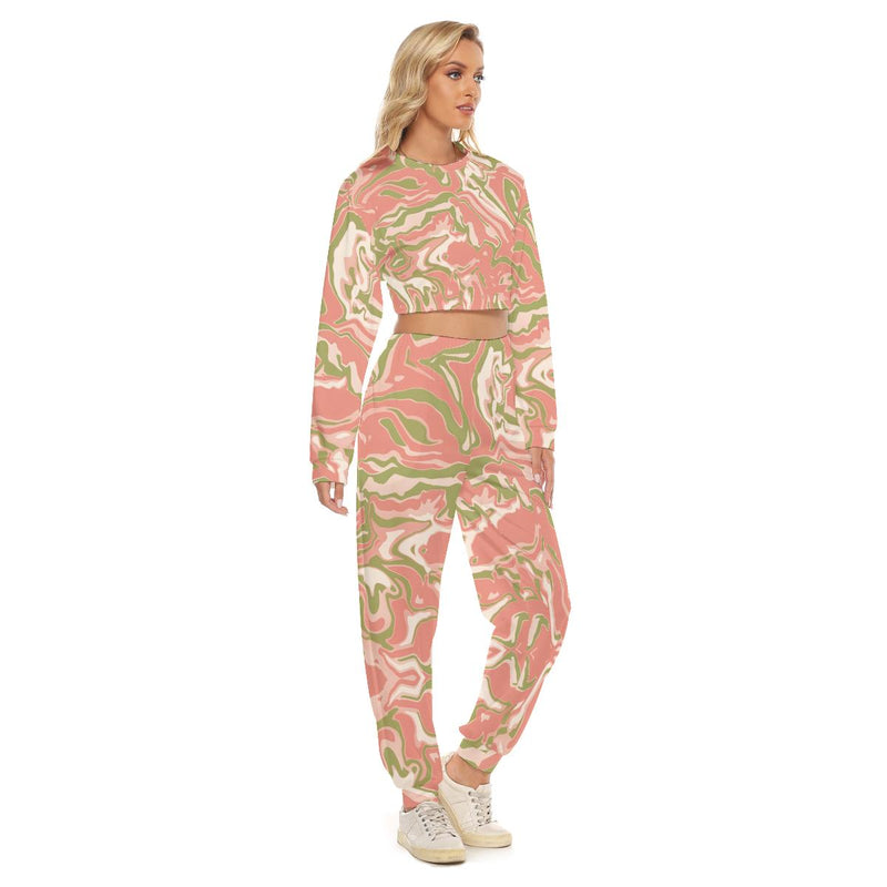 Coral Pink Camo Camouflage Print Abstract Liquid Women's Crop Sweatshirt Suit