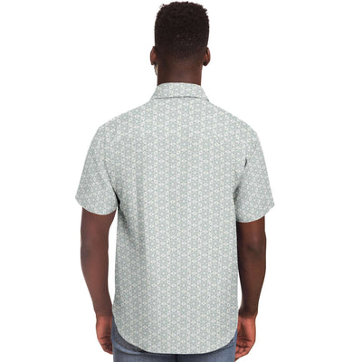 Pistachio Green White Floral Geometric Print Men's Short Sleeve Button Down Shirt - kayzers