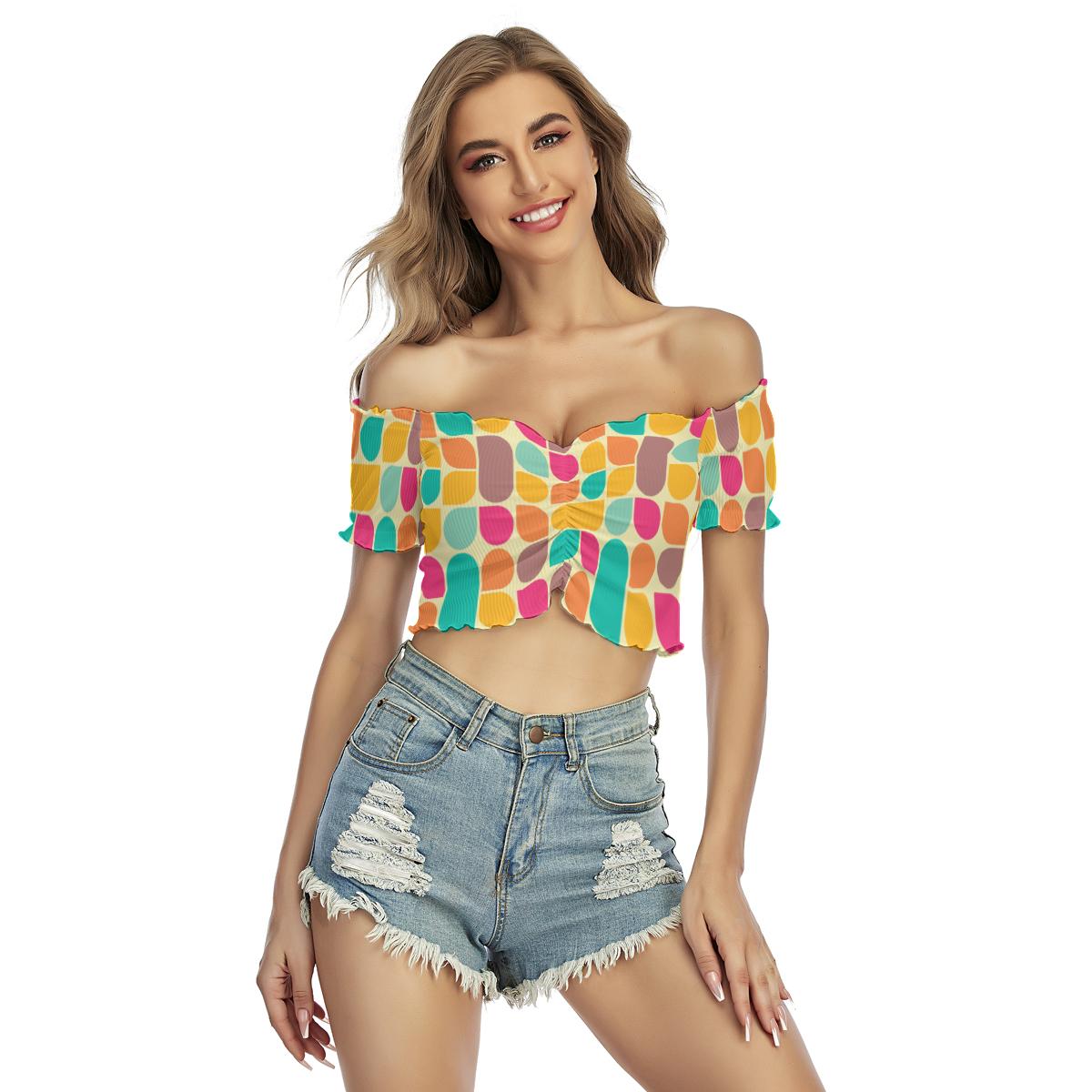 Abstract Colorful Shapes Retro Style 60's 70's 80's Boho Print Women's Off-Shoulder Blouse