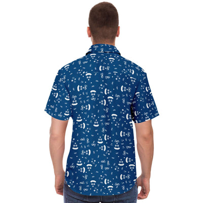 Classic Blue Beach Silhouette Sailboat Floral Island Palm Trees Pattern Print Men's Button Down Shirt, Hawaiian Shirt - kayzers