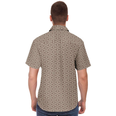 Khaki Brown Floral Geometric Print Men's Short Sleeve Button Down Shirt - kayzers