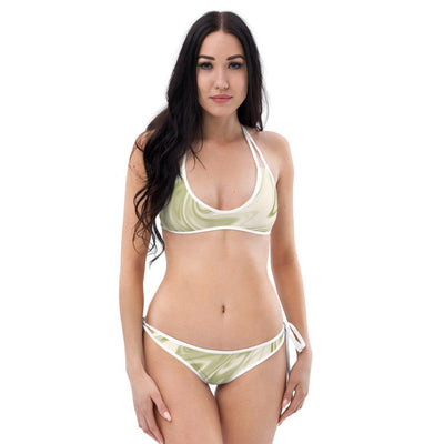Ivory Green Creamy Two Piece Reversible Bikini Set, Ivory Color Liquid Abstract Two Piece Reversible Bikini Set, Marble Like Pattern Bikini - kayzers