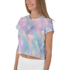 Dreamy Watercolor Ocean Paint Pink Blue Brush Abstract Iridescence Print Crop Tee, Cotton Candy Pearl Crop Top - kayzers