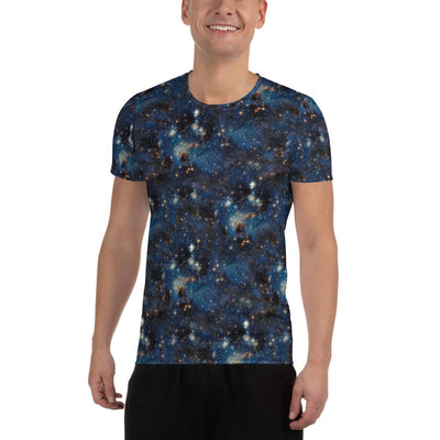 Blue Black Starry Galaxy Space Print Men's Athletic T-shirt - kayzers