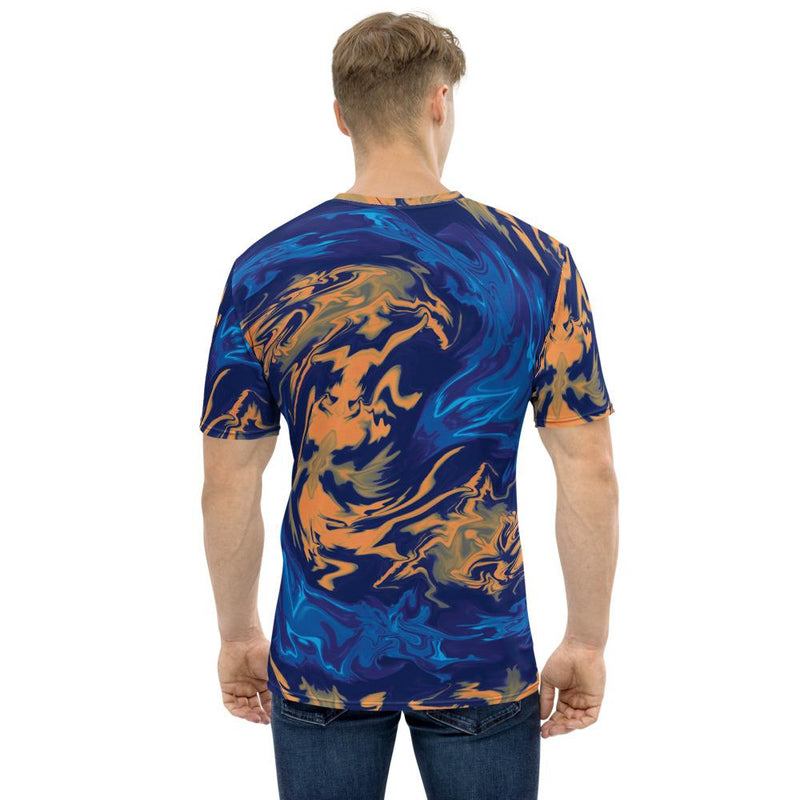 Blue Orange Mango Colored Abstract Liquid Paint Dragon Swirls Wavy Men's T-shirt - kayzers