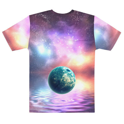Aurora Sky Floating Earth On Lake Print Men's T-shirt, Northern Lights Fantasy Earth Lake Men's T-shirt - kayzers