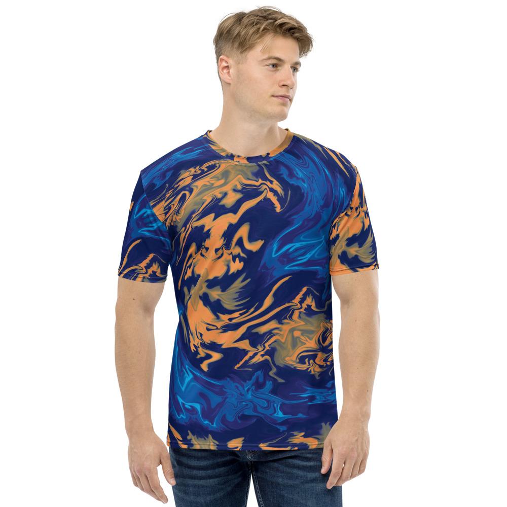 Blue Orange Mango Colored Abstract Liquid Paint Dragon Swirls Wavy Men's T-shirt - kayzers