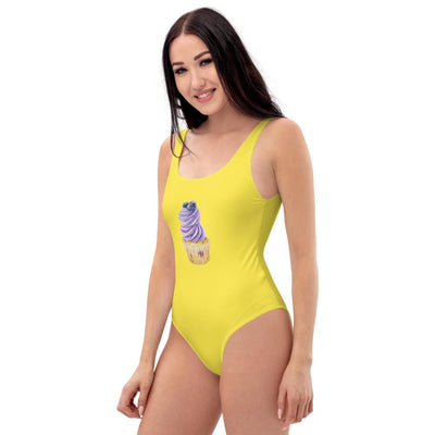 Lemon Yellow Cupcake One Piece Swimsuit, Lemony Yellow Cupcake Print Sexy Swimsuit - kayzers