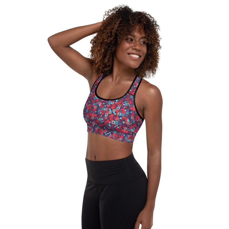 Colorful Red Geometric Mosaic Tiles Design Padded Sports Bra