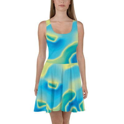 Blue Mint Green Holographic Iridescence Print Skater Dress - kayzers